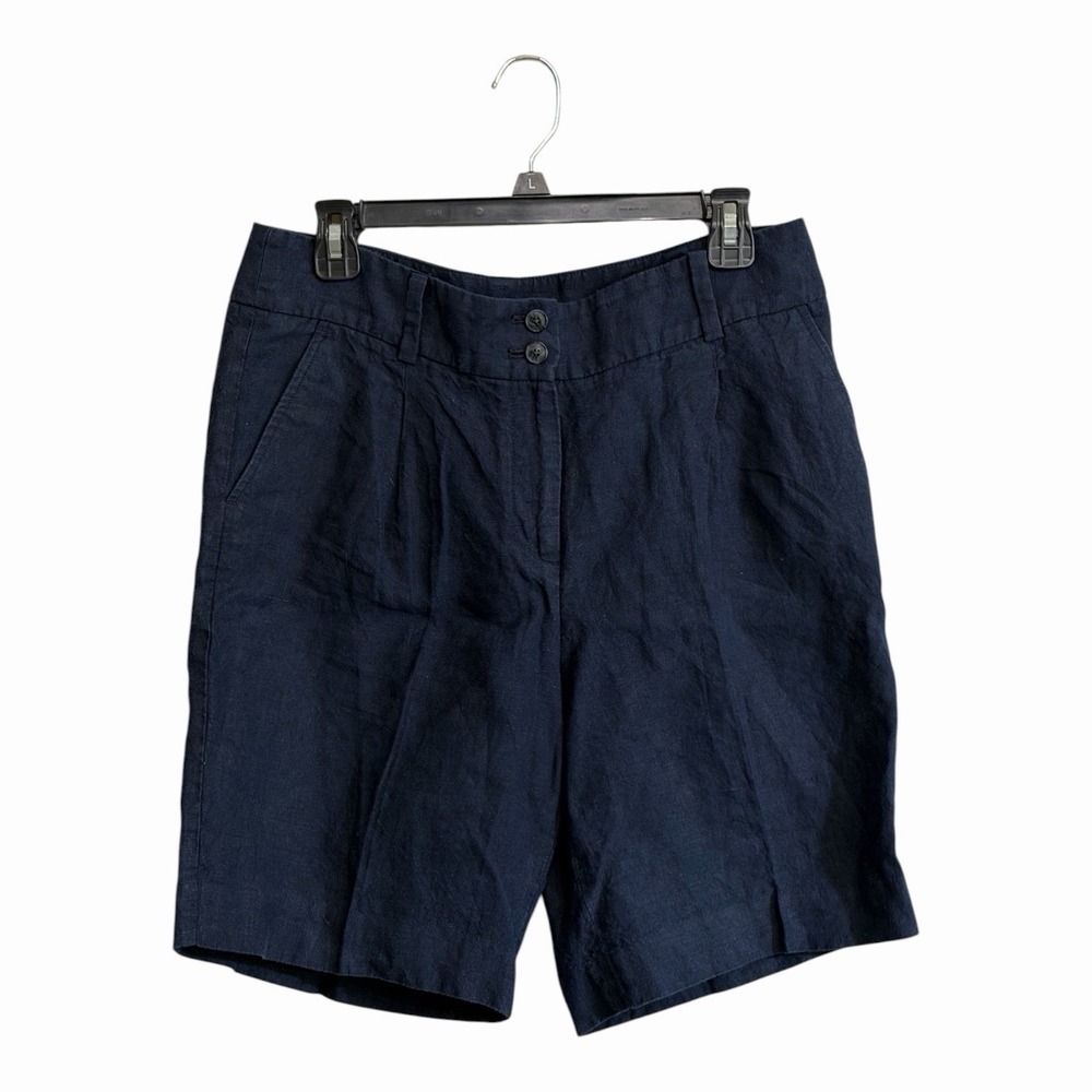 Talbots Linen Pleated Bermuda Shorts Women Sz 8 Navy Blue Coastal Resort Capsule